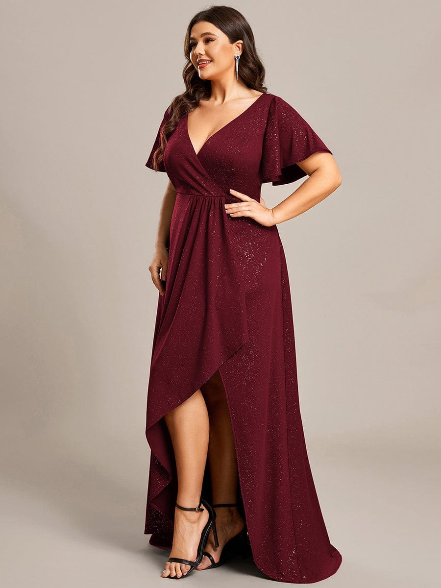 Ruffle Sleeves V Neck High Low Evening Dress