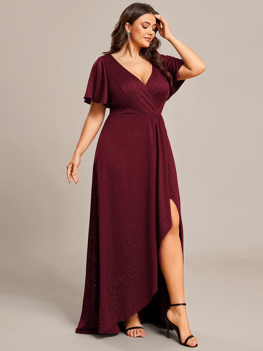 Ruffle Sleeves V Neck High Low Evening Dress