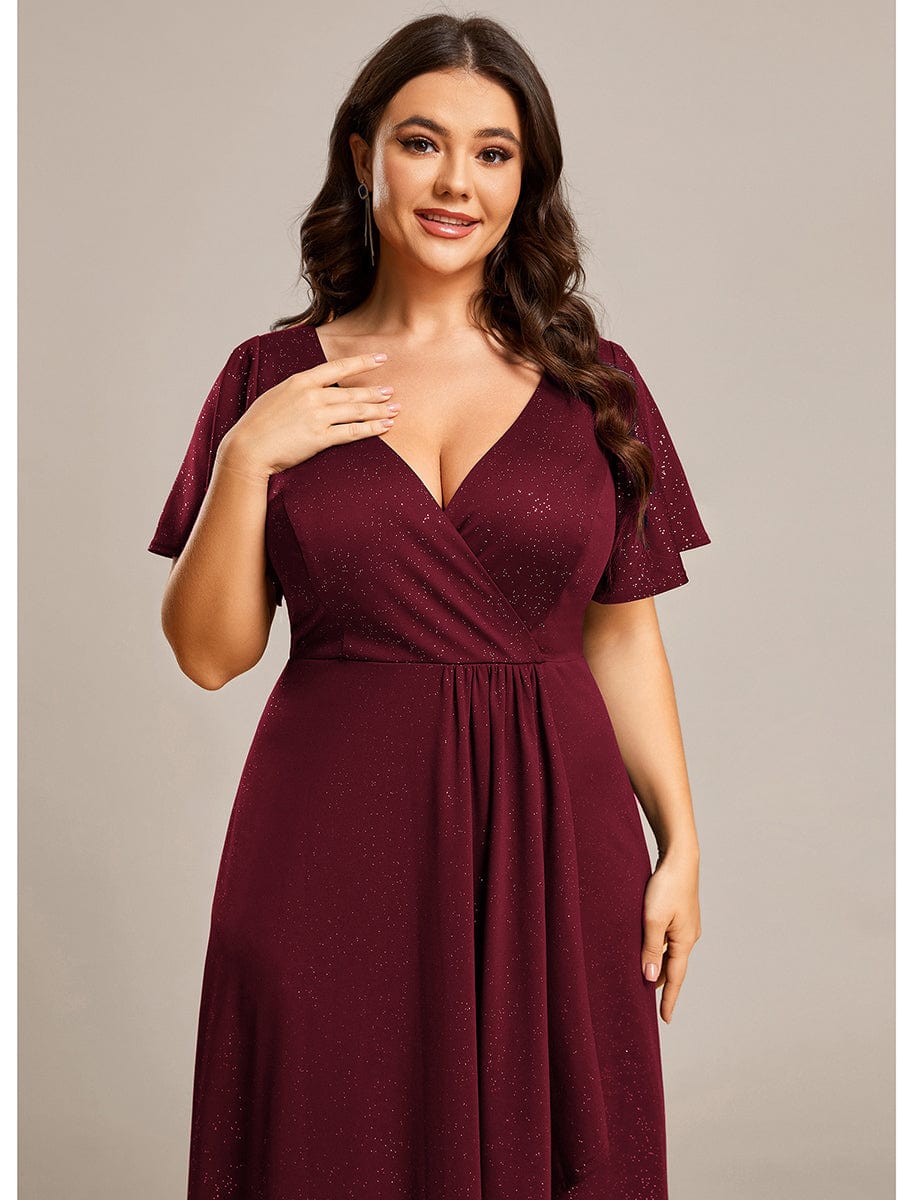 Plus Size Glittering High-Low Evening Dress with Flutter Sleeves