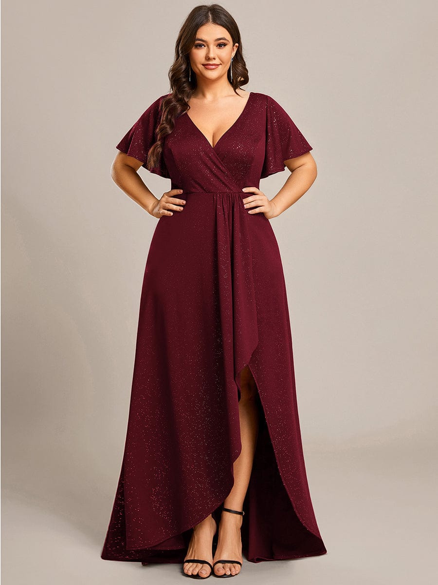 Ruffle Sleeves V Neck High Low Evening Dress