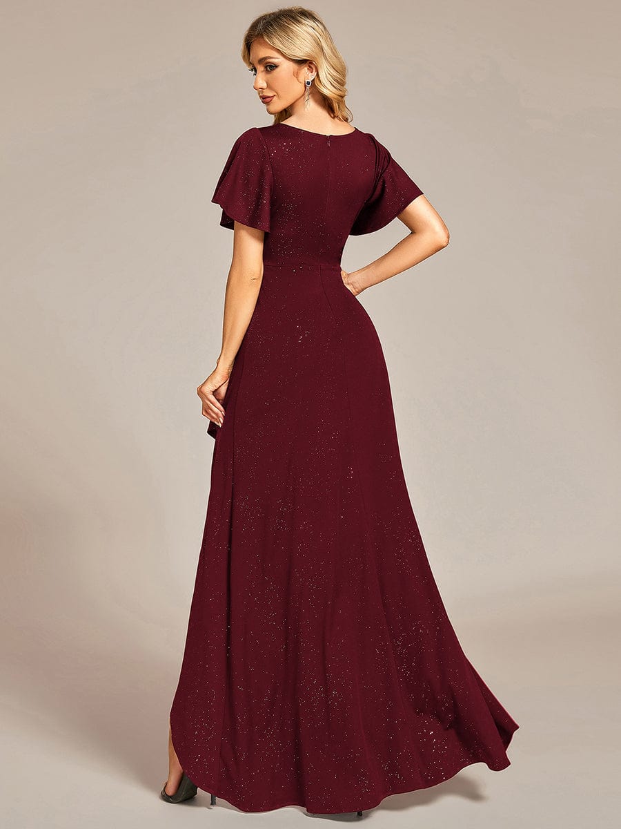 Ruffle Sleeves V Neck High Low Evening Dress