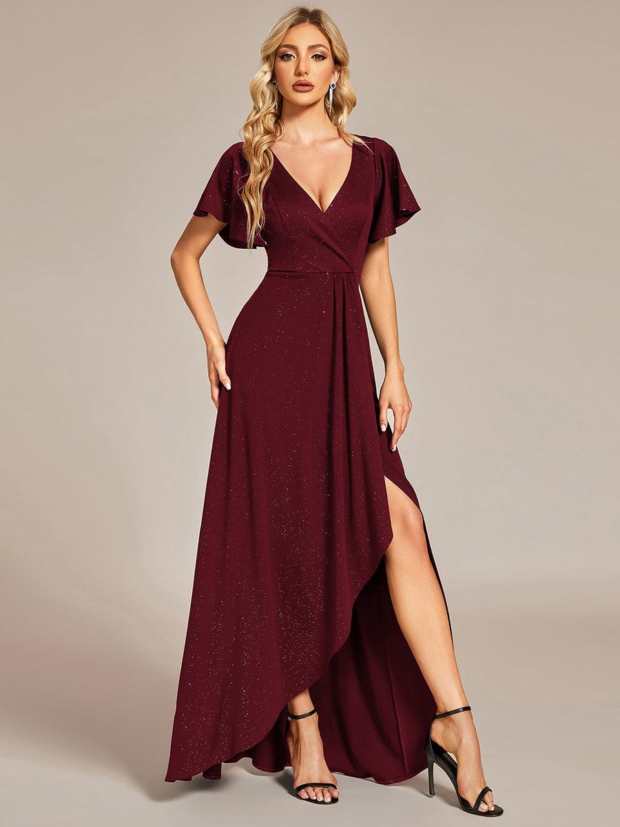 Ruffle Sleeves V Neck High Low Evening Dress