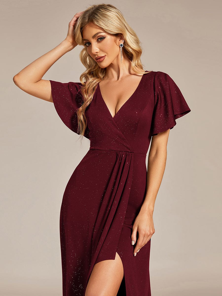 Ruffle Sleeves V Neck High Low Evening Dress