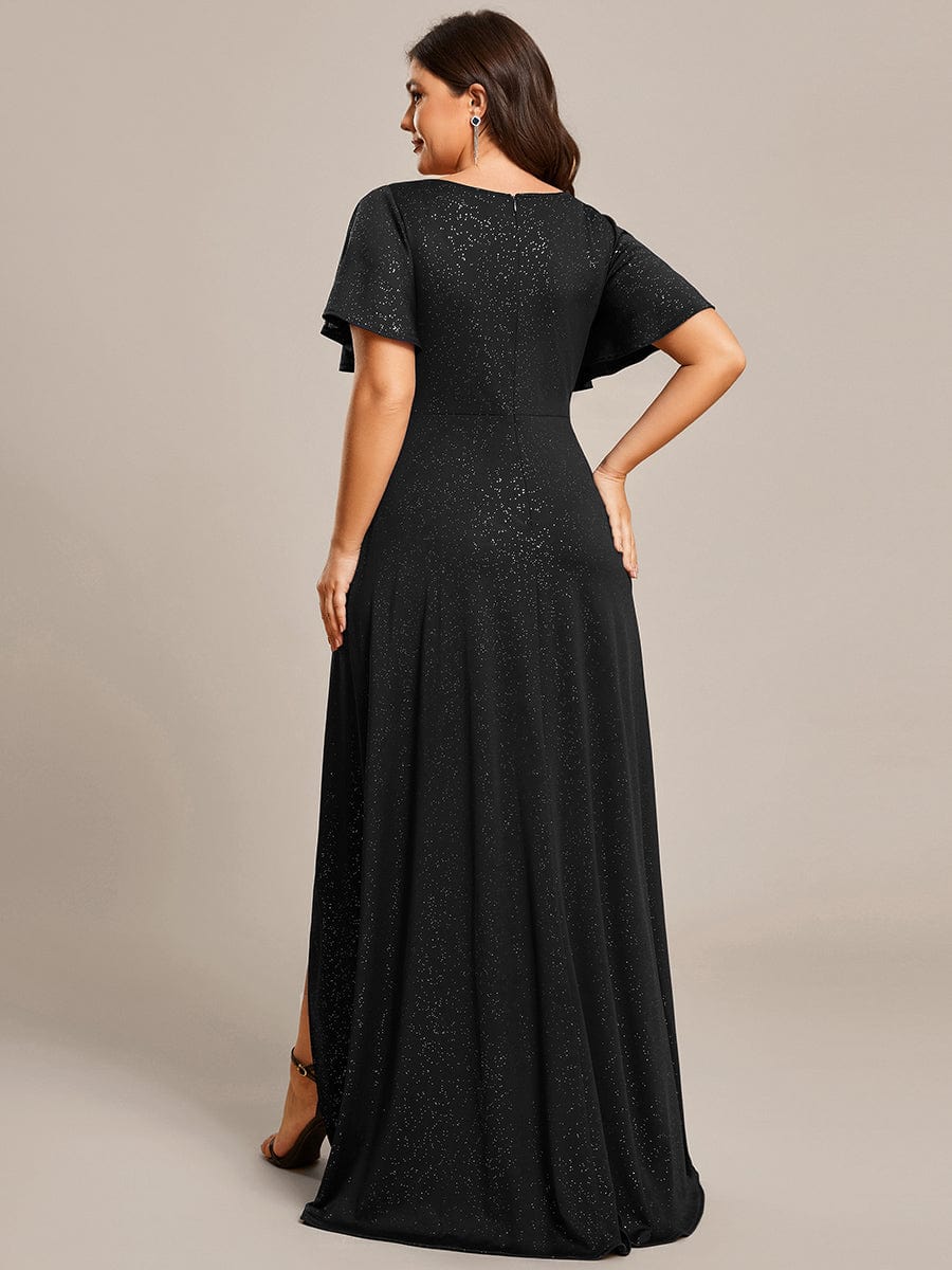 Ruffle Sleeves V Neck High Low Evening Dress