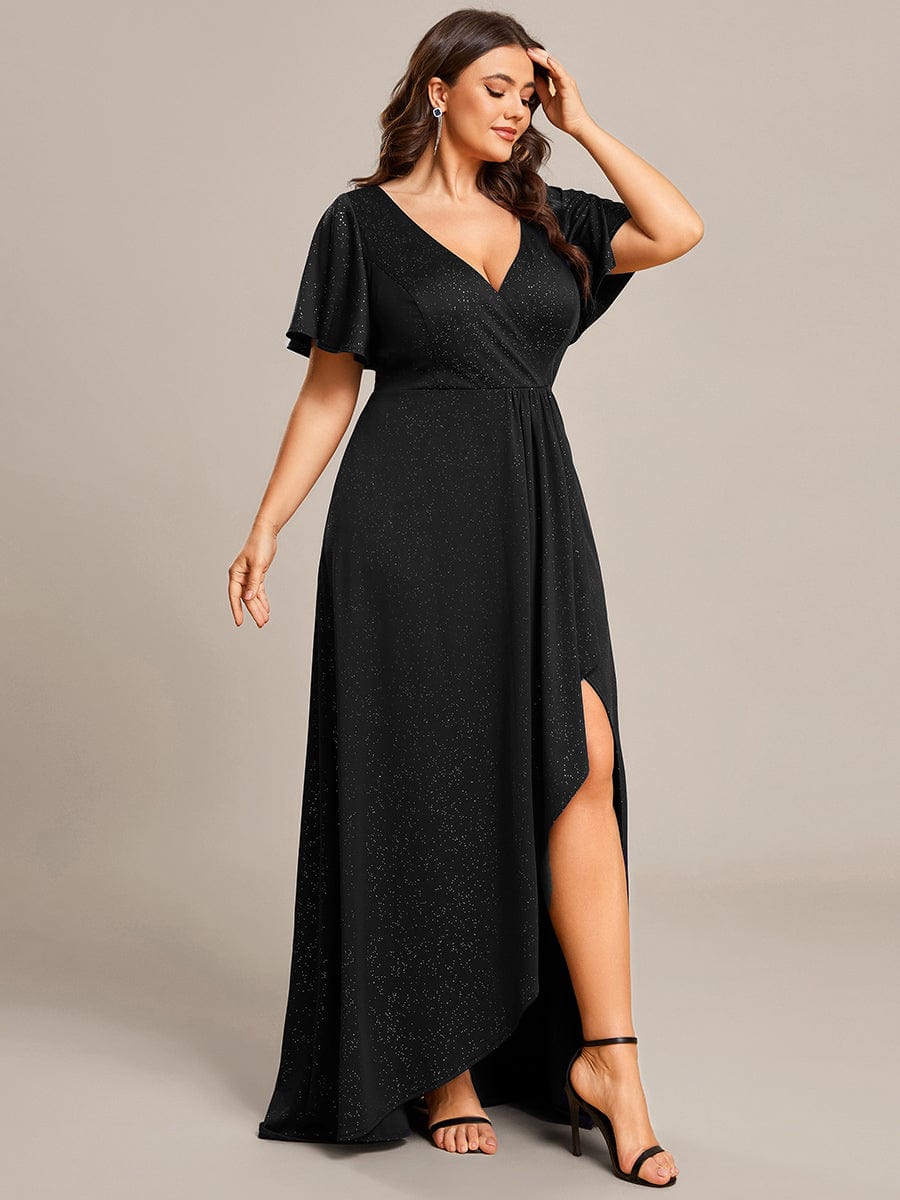 Ruffle Sleeves V Neck High Low Evening Dress