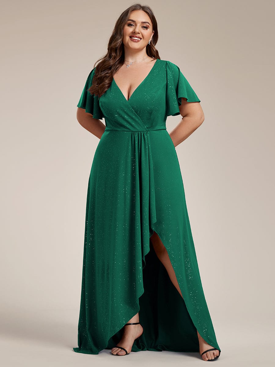 Ruffle Sleeves V Neck High Low Evening Dress