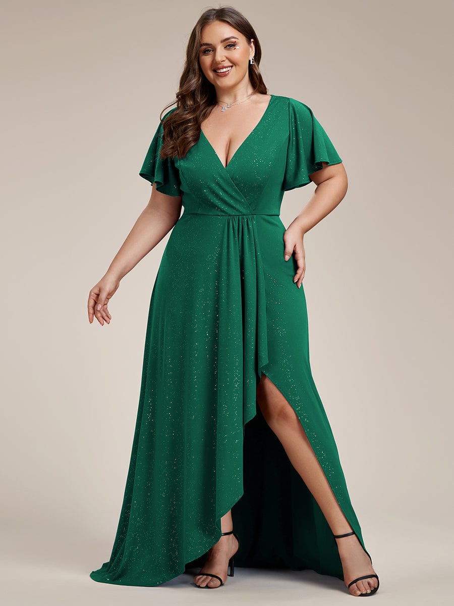 Ruffle Sleeves V Neck High Low Evening Dress