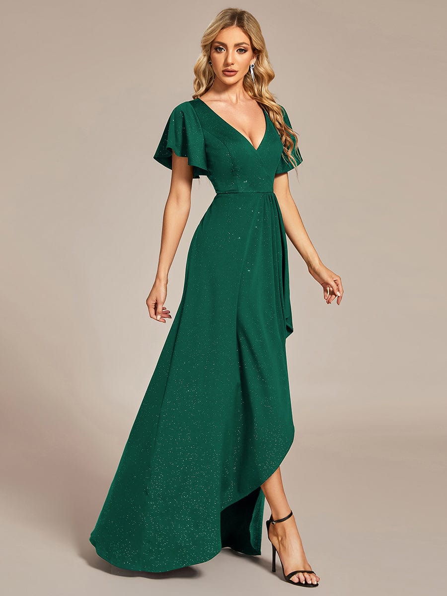 Ruffle Sleeves V Neck High Low Evening Dress