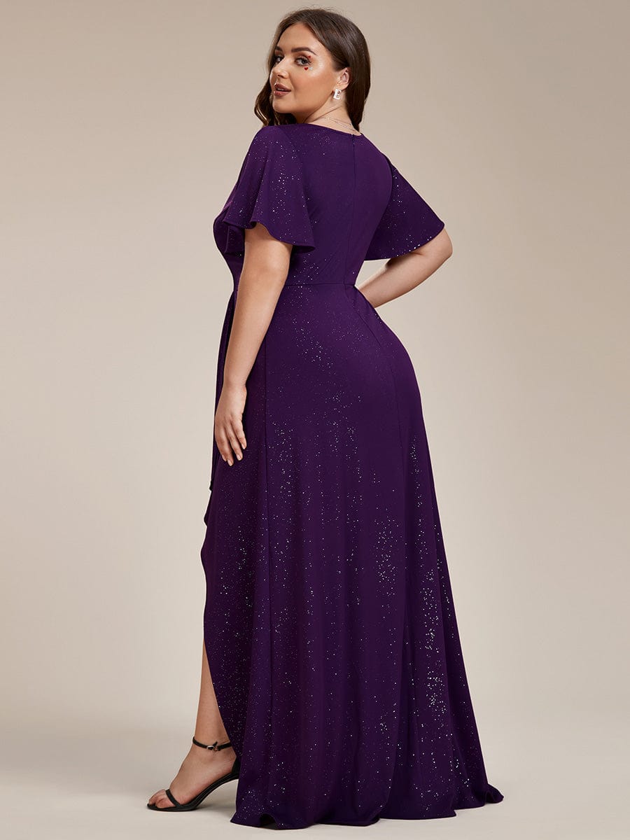 Plus Size Glittering High-Low Evening Dress with Flutter Sleeves