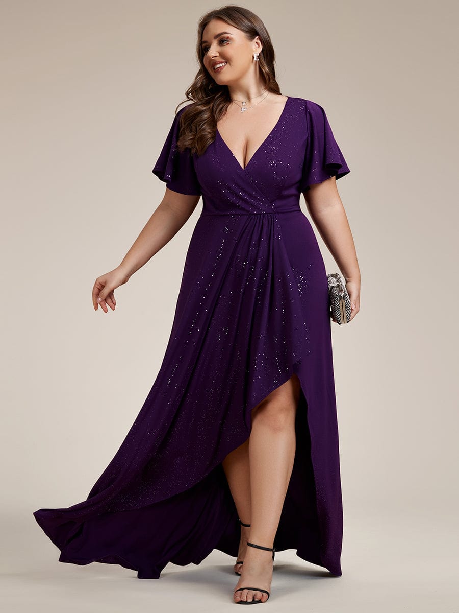 Ruffle Sleeves V Neck High Low Evening Dress