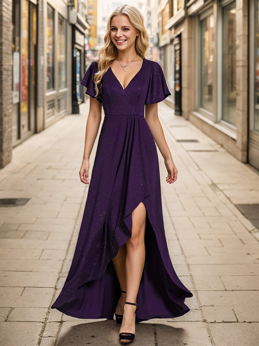 Ruffle Sleeves V Neck High Low Evening Dress