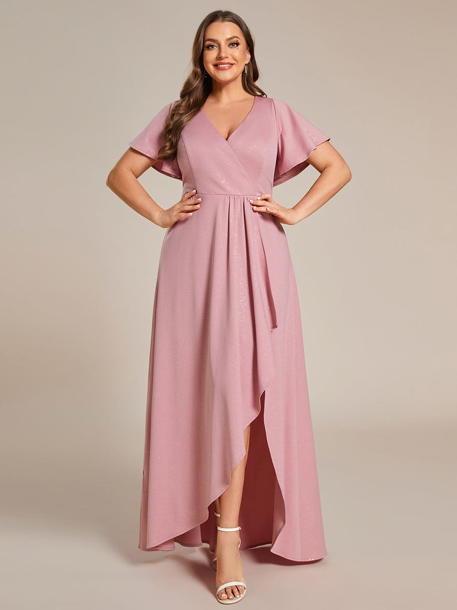 Ruffle Sleeves V Neck High Low Evening Dress