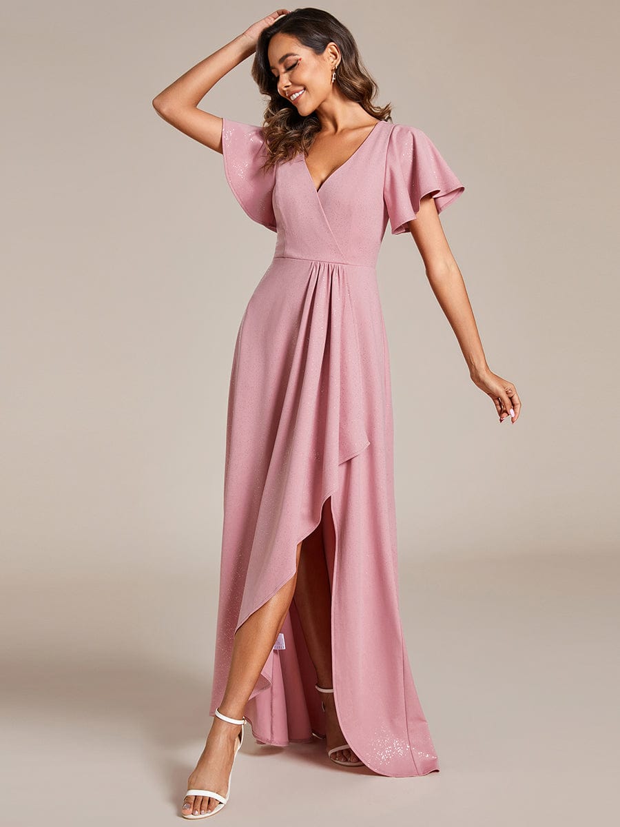 Ruffle Sleeves V Neck High Low Evening Dress