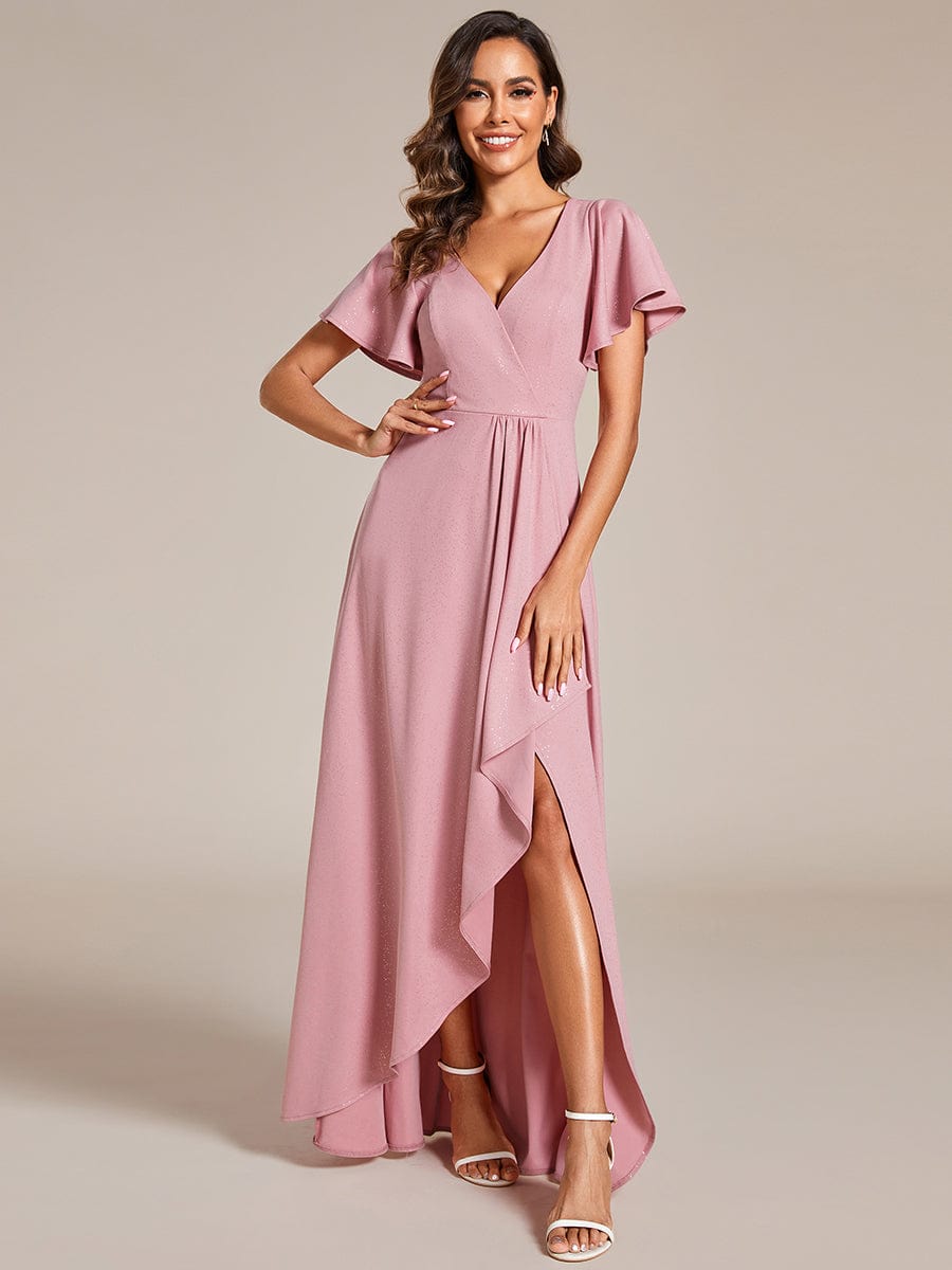 Ruffle Sleeves V Neck High Low Evening Dress