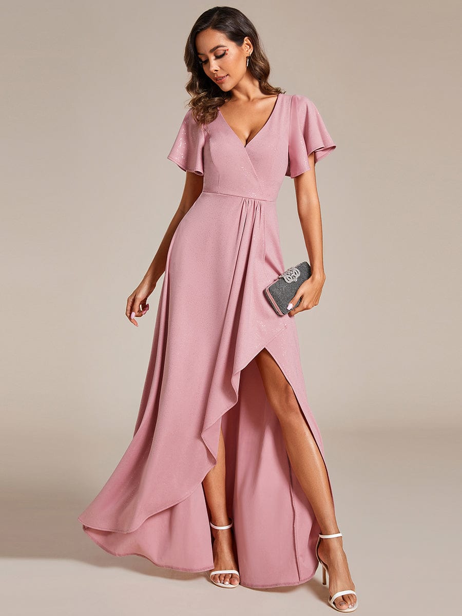 Ruffle Sleeves V Neck High Low Evening Dress