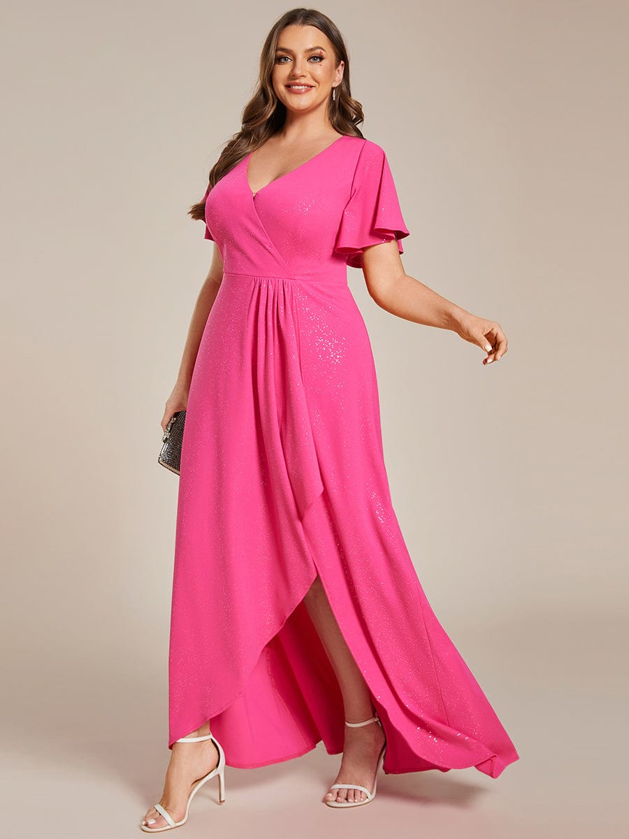 Plus Size Glittering High-Low Evening Dress with Flutter Sleeves