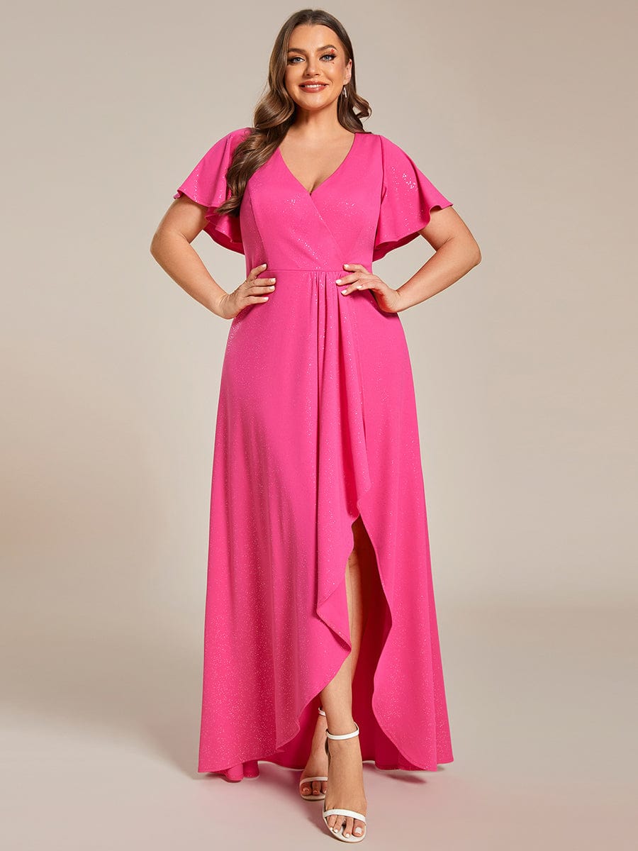 Ruffle Sleeves V Neck High Low Evening Dress