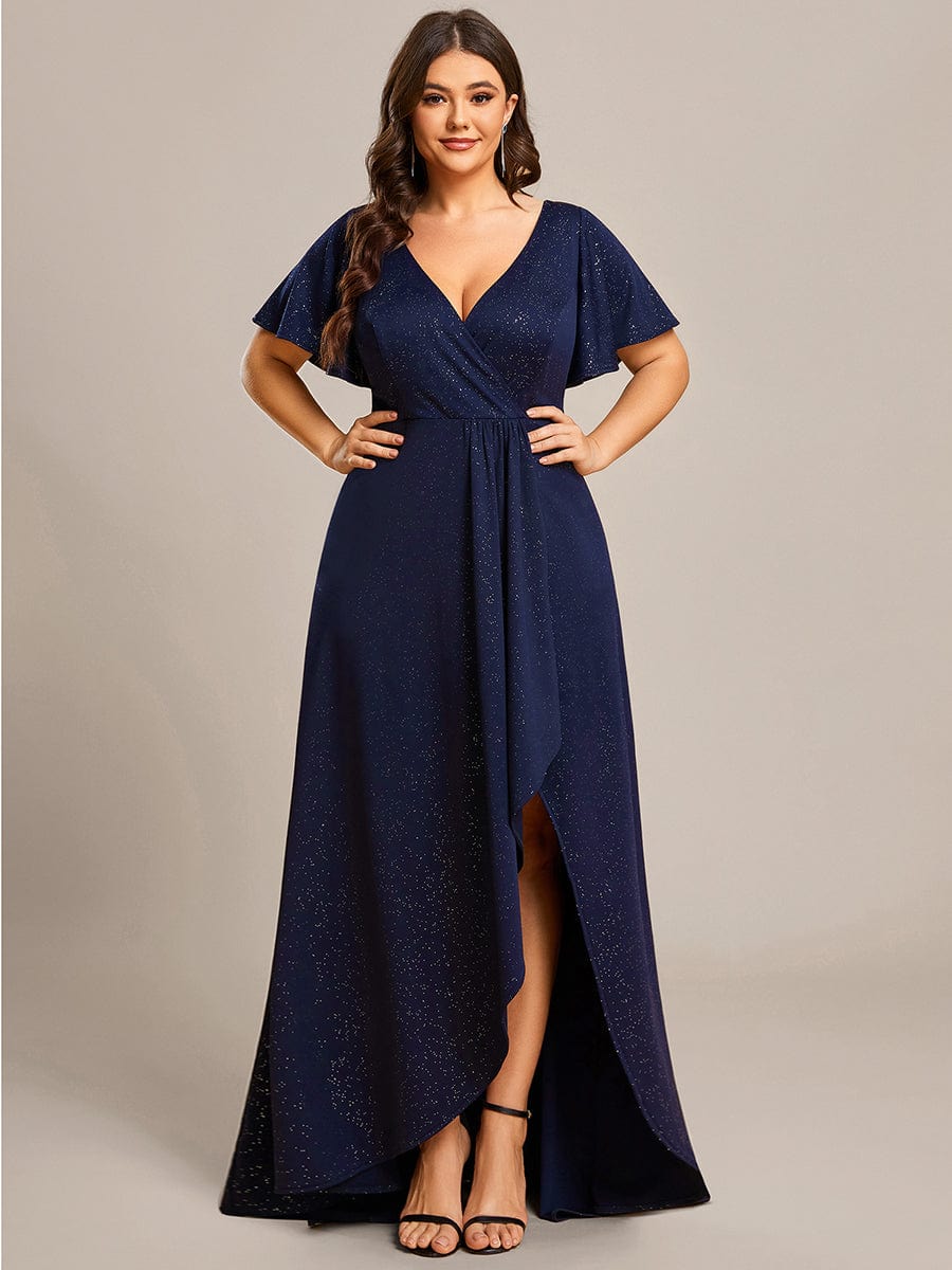 Plus Size Glittering High-Low Evening Dress with Flutter Sleeves