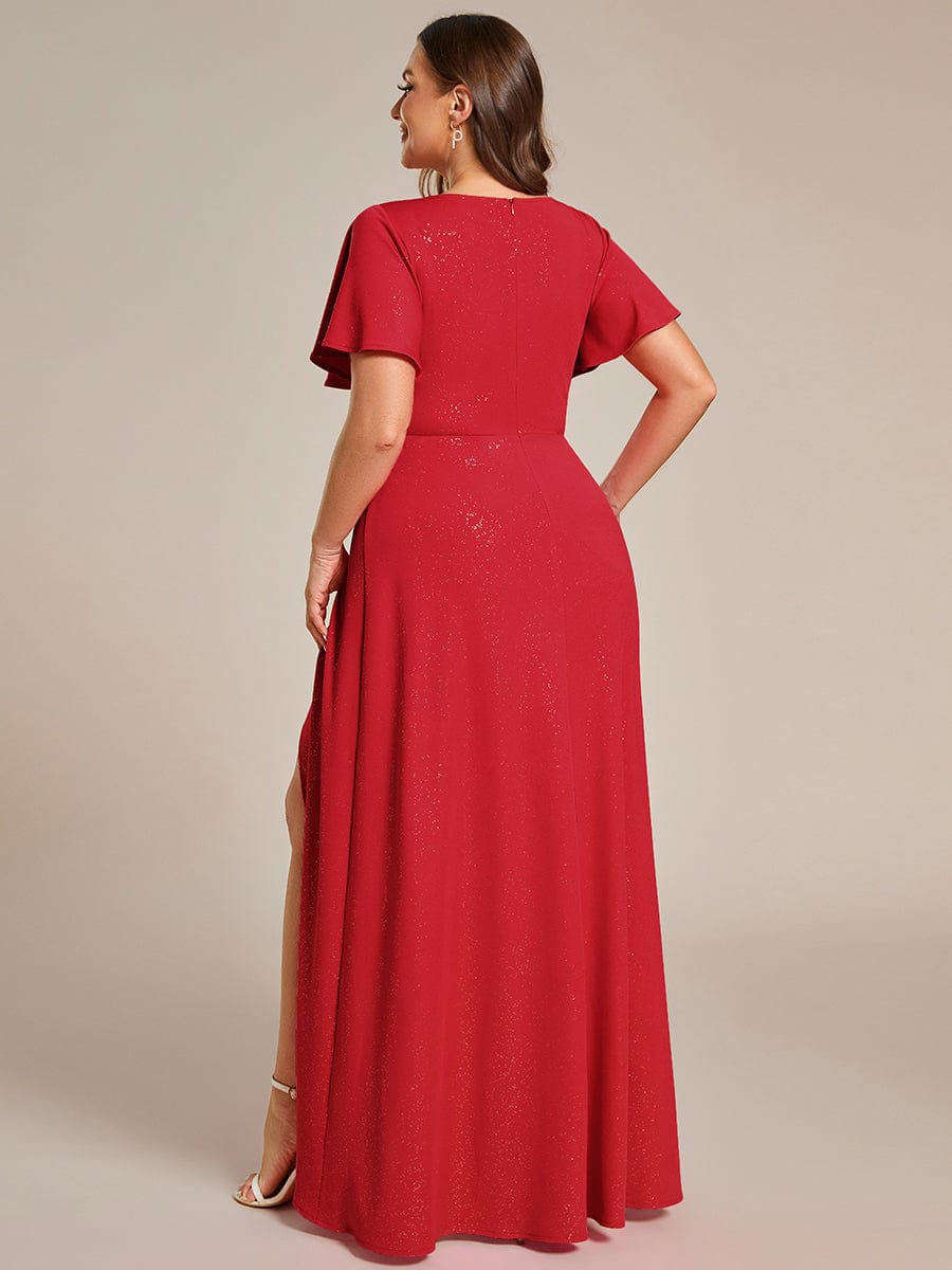 Ruffle Sleeves V Neck High Low Evening Dress