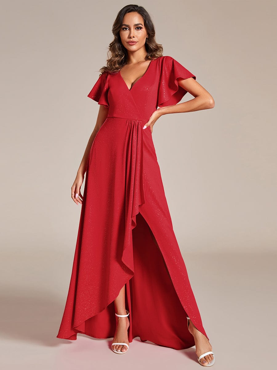 Ruffle Sleeves V Neck High Low Evening Dress