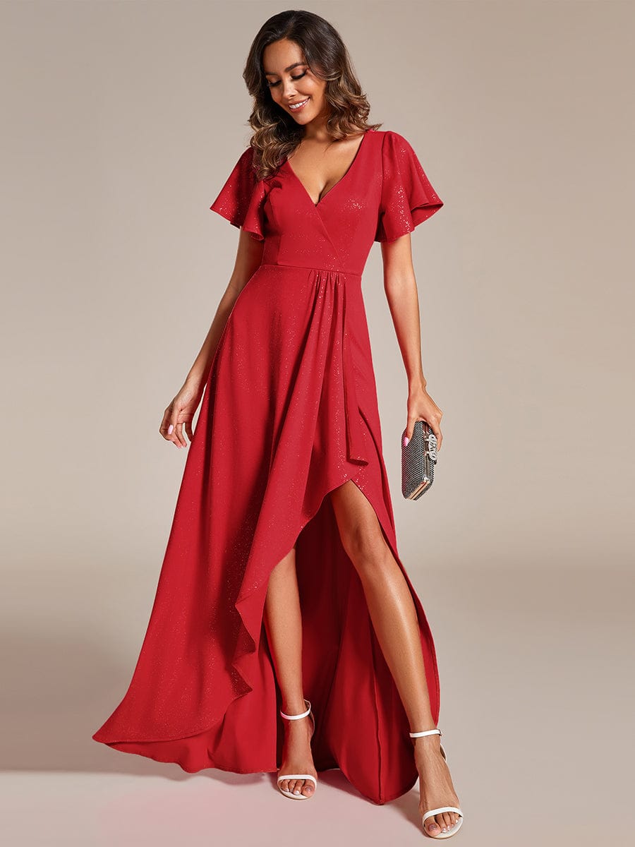 Ruffle Sleeves V Neck High Low Evening Dress