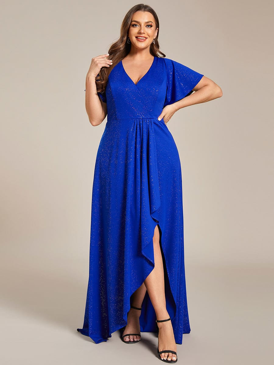 Plus Size Glittering High-Low Evening Dress with Flutter Sleeves