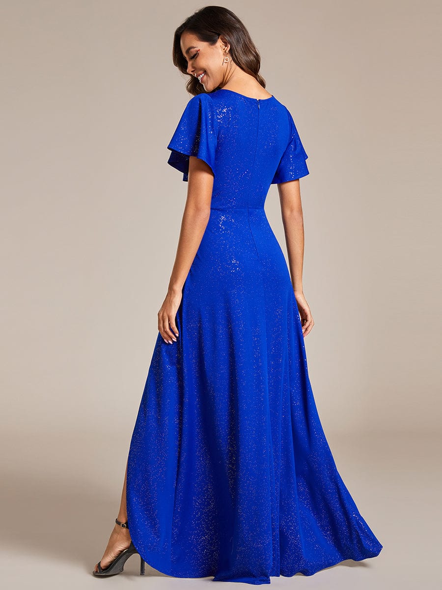 Ruffle Sleeves V Neck High Low Evening Dress