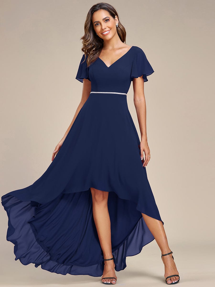 Chiffon Ruffle Sleeves V-Neck Bridesmaid Dress with High-Low Hemline