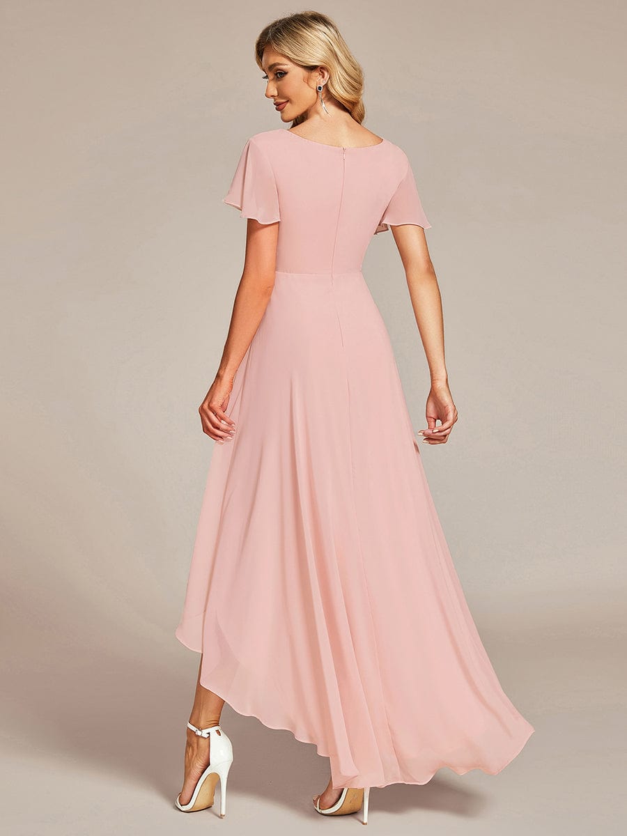 Chiffon Ruffle Sleeves V-Neck Bridesmaid Dress with High-Low Hemline