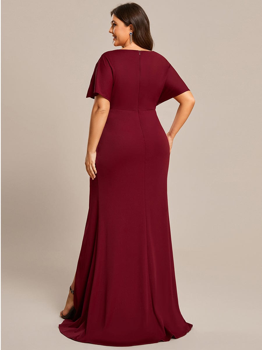 Plus Size Sequin Sleeve High Split Evening Dress with Pleated