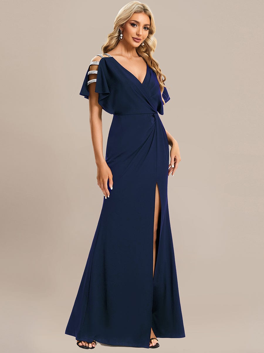 High Split Hollow Out Sleeve V-Neck Evening Dress