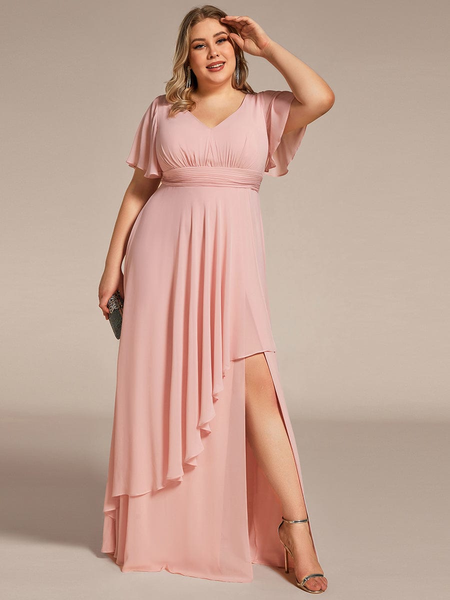 Ruffles Sleeve High Split Chiffon Evening Dress