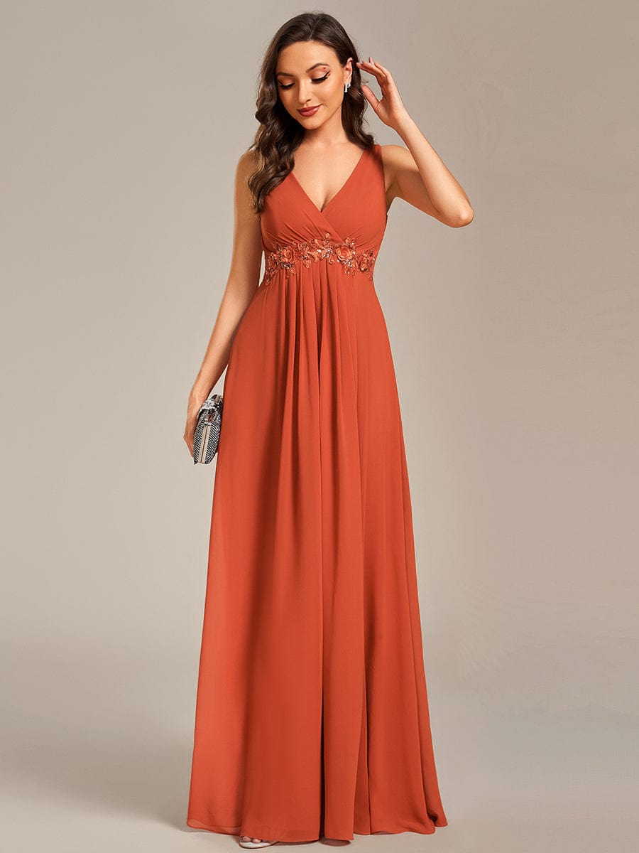 V-Neck Sleeveless A-Line Evening Dress with Appliques