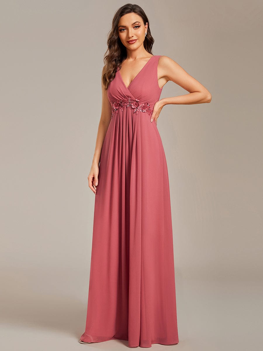 V-Neck Sleeveless A-Line Evening Dress with Appliques