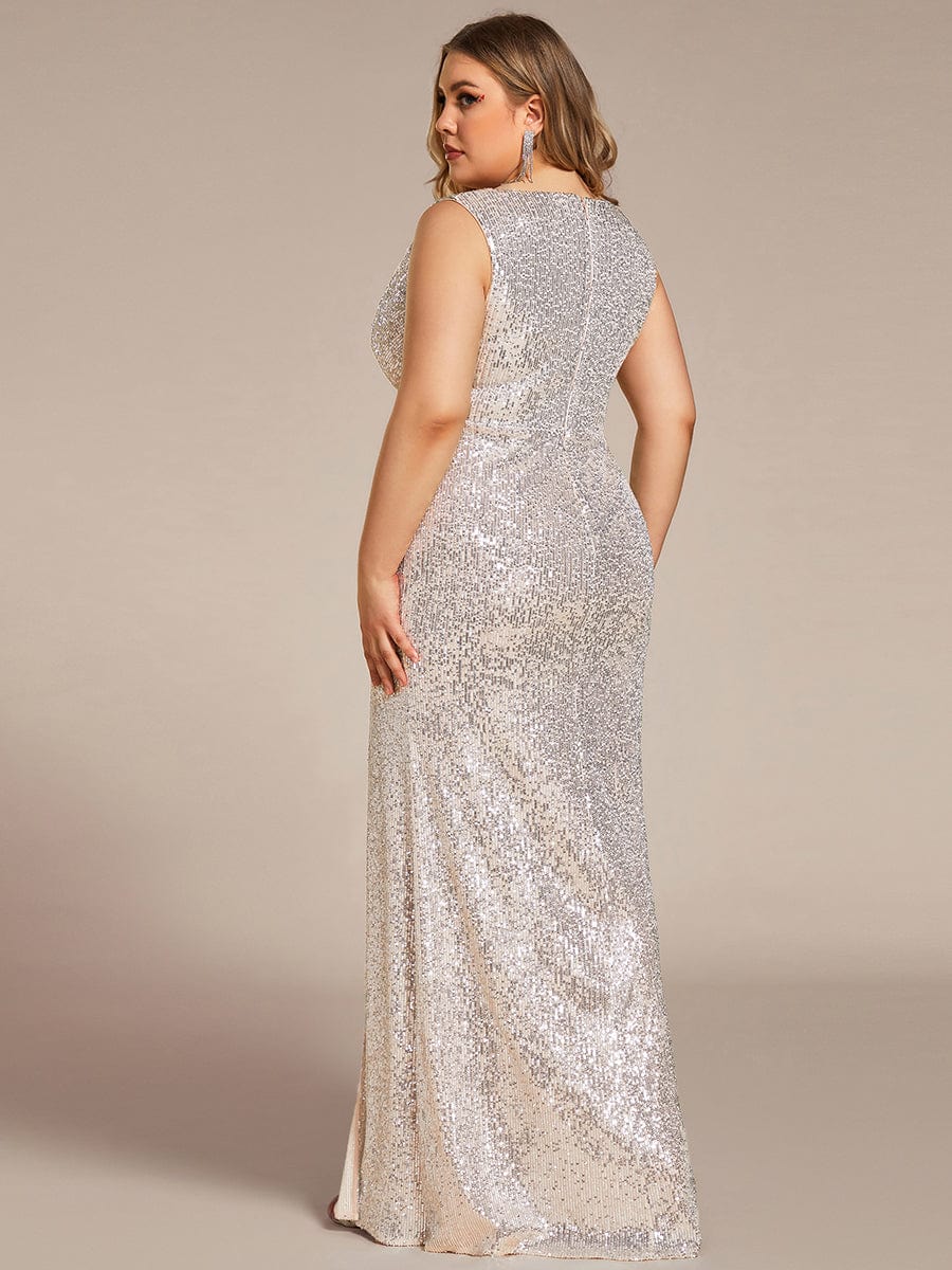 Plus Size High Split Dazzling Sequin Deep V-Neck Evening Dress