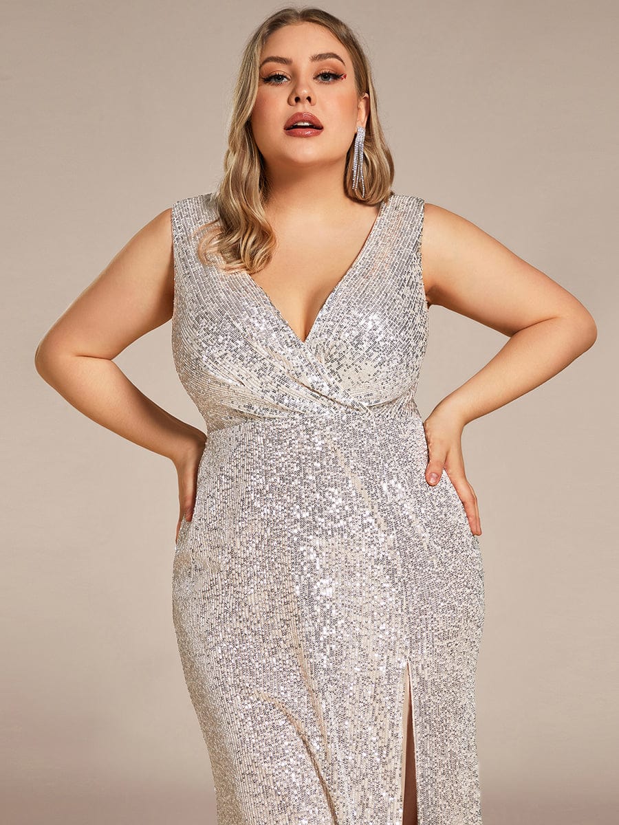 Plus Size High Split Dazzling Sequin Deep V-Neck Evening Dress