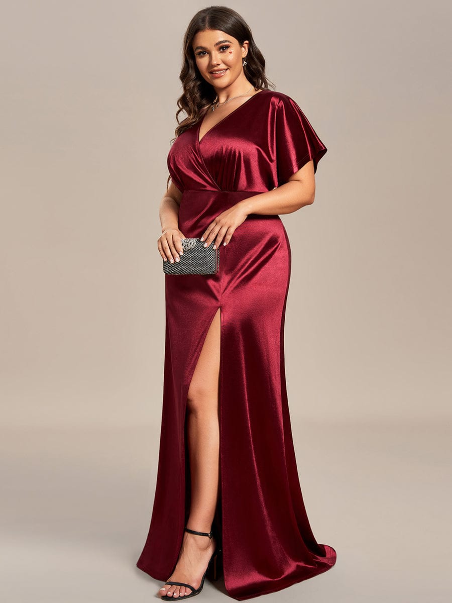 Plus Size High Slit Short Sleeves Satin Evening Dress