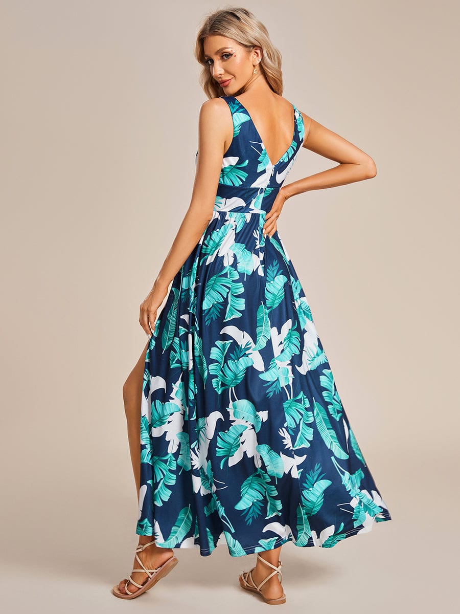 Elegant V-Neck High Slit Printing Summer Evening Dress