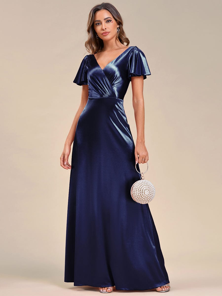 V Neck Ruffled Sleeves Satin Evening Dress