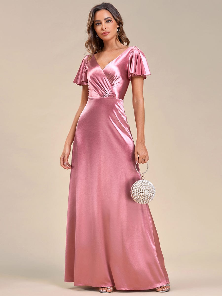 Elegant Ruffles Sleeve A-Line Satin V-Neck Evening Dress