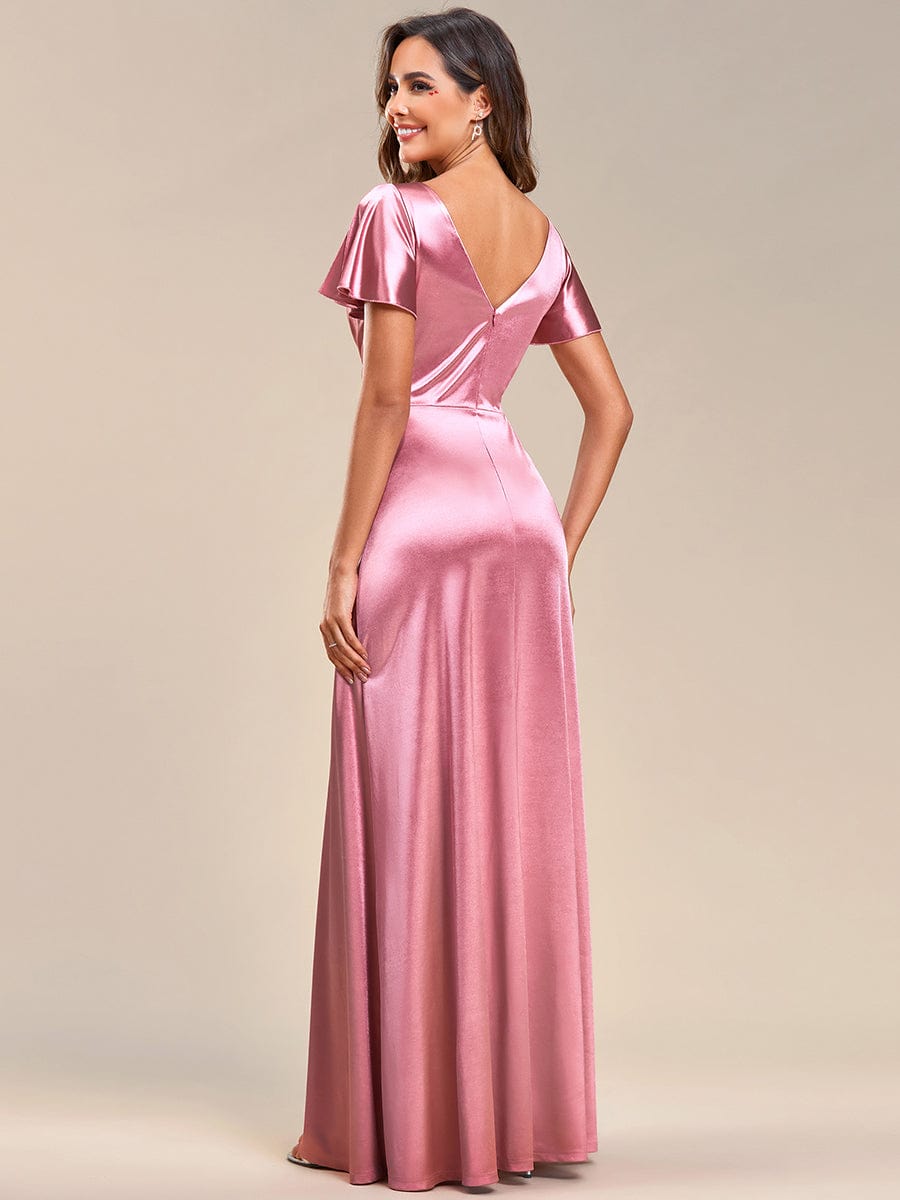 Elegant Ruffles Sleeve A-Line Satin V-Neck Evening Dress