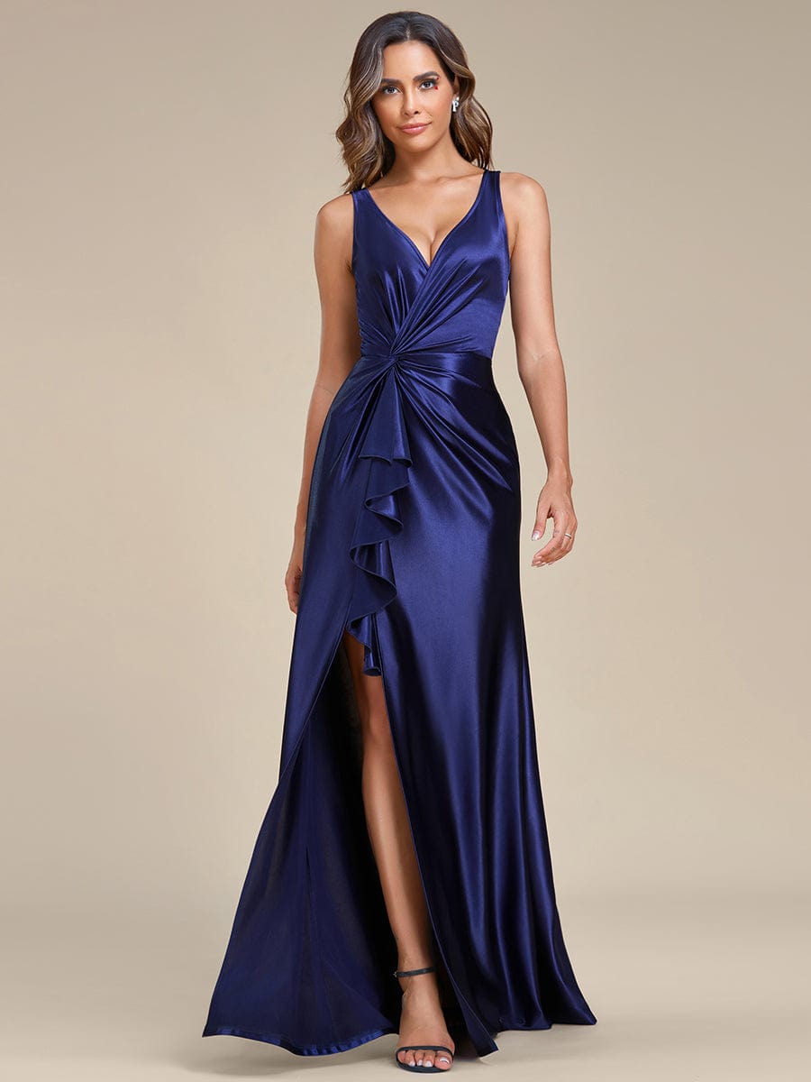 Elegant V Neck Pleated High Slit Satin Evening Dress