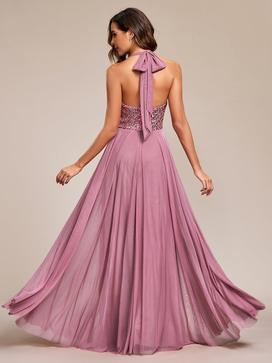 Sparkling Sequin Halter Neck A Line Tulle Evening Dress