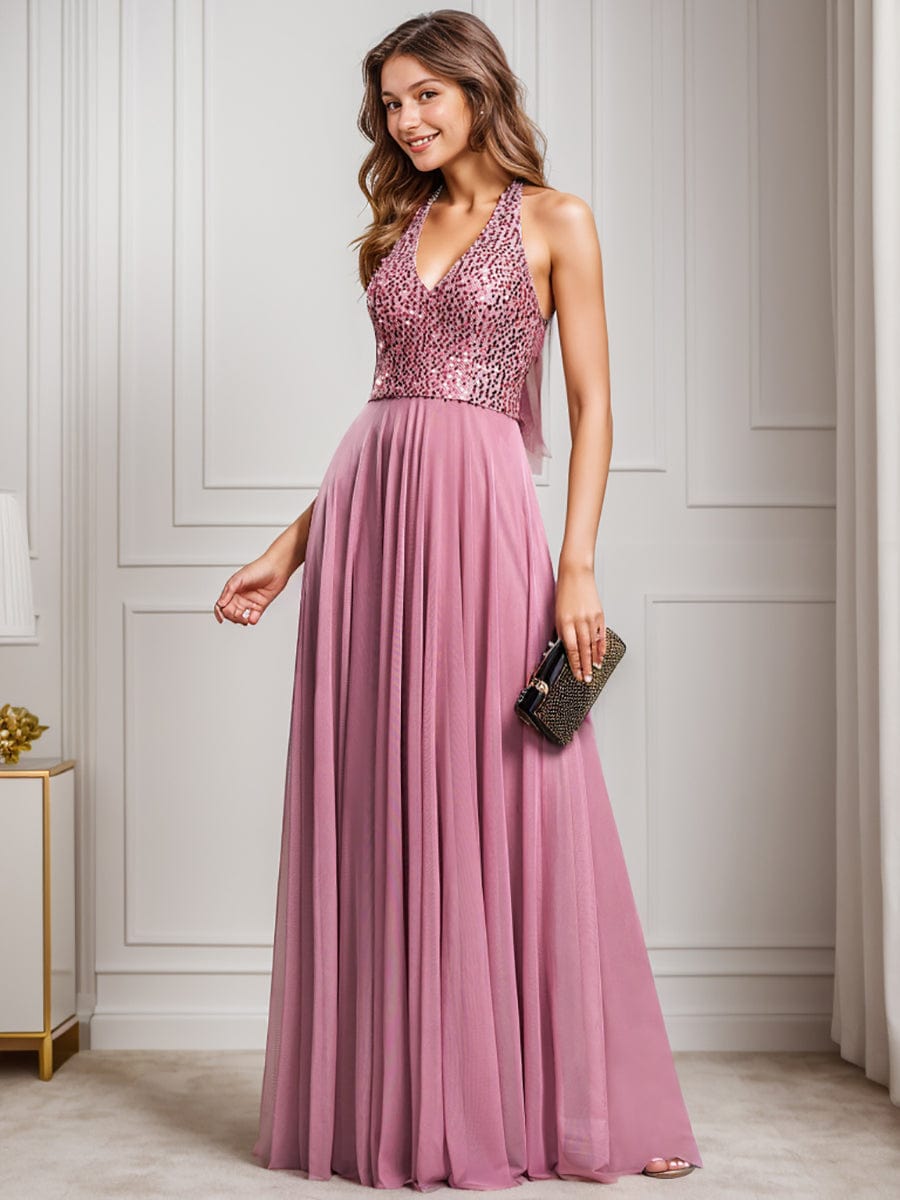 Sparkling Sequin Halter Neck A Line Tulle Evening Dress