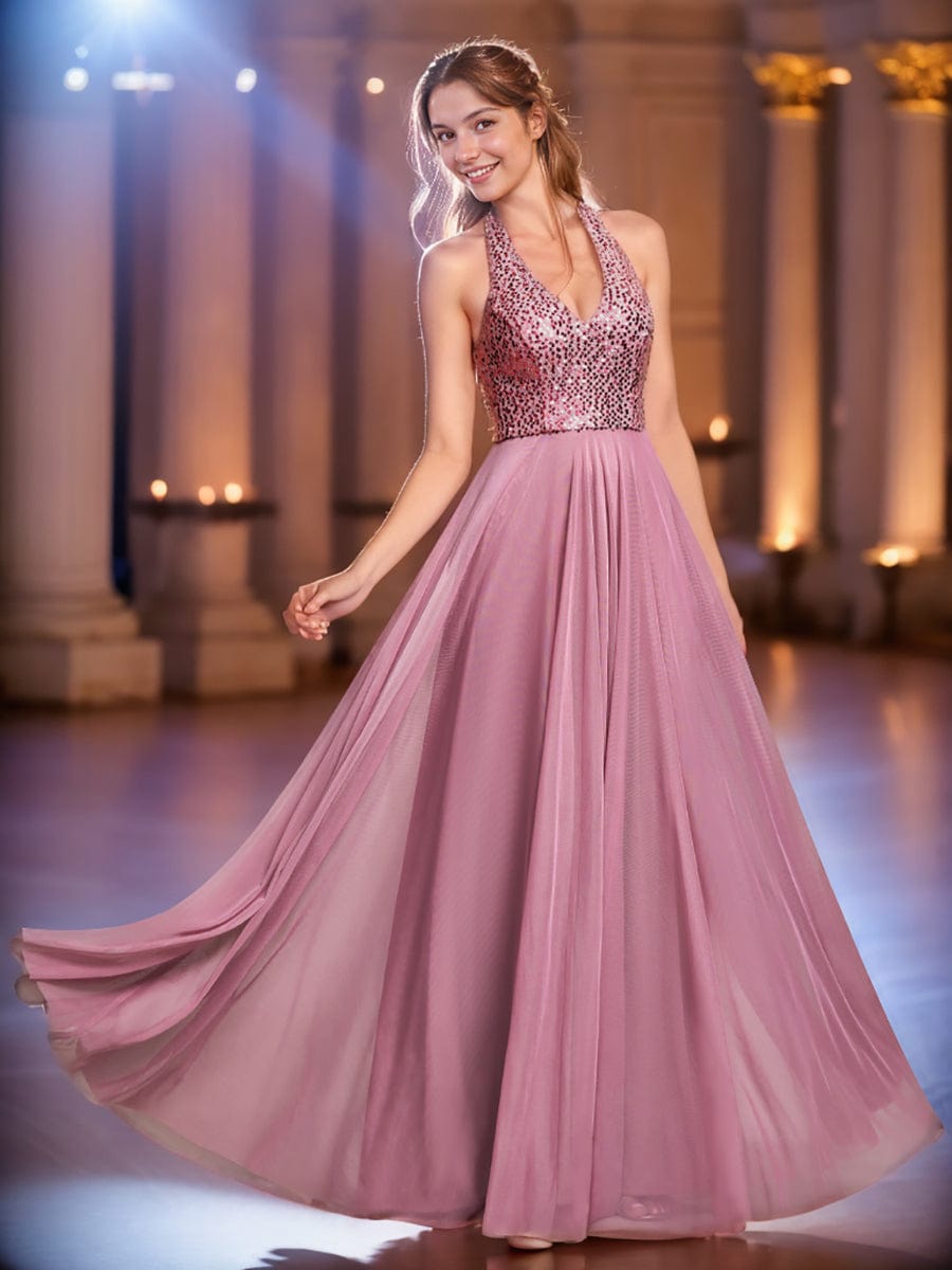 Sparkling Sequin Halter Neck A Line Tulle Evening Dress