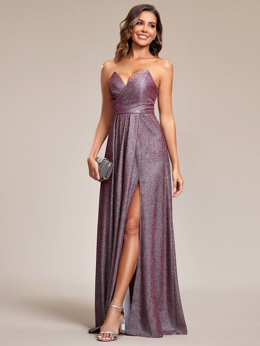 Glitter Strapless A-Line High Slit Evening Dress