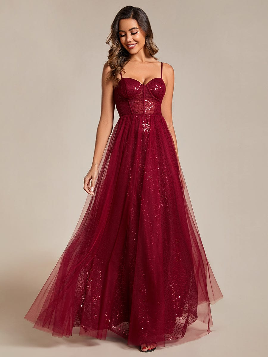 Elegant Sequin Spaghetti Strap A-Line Evening Dress