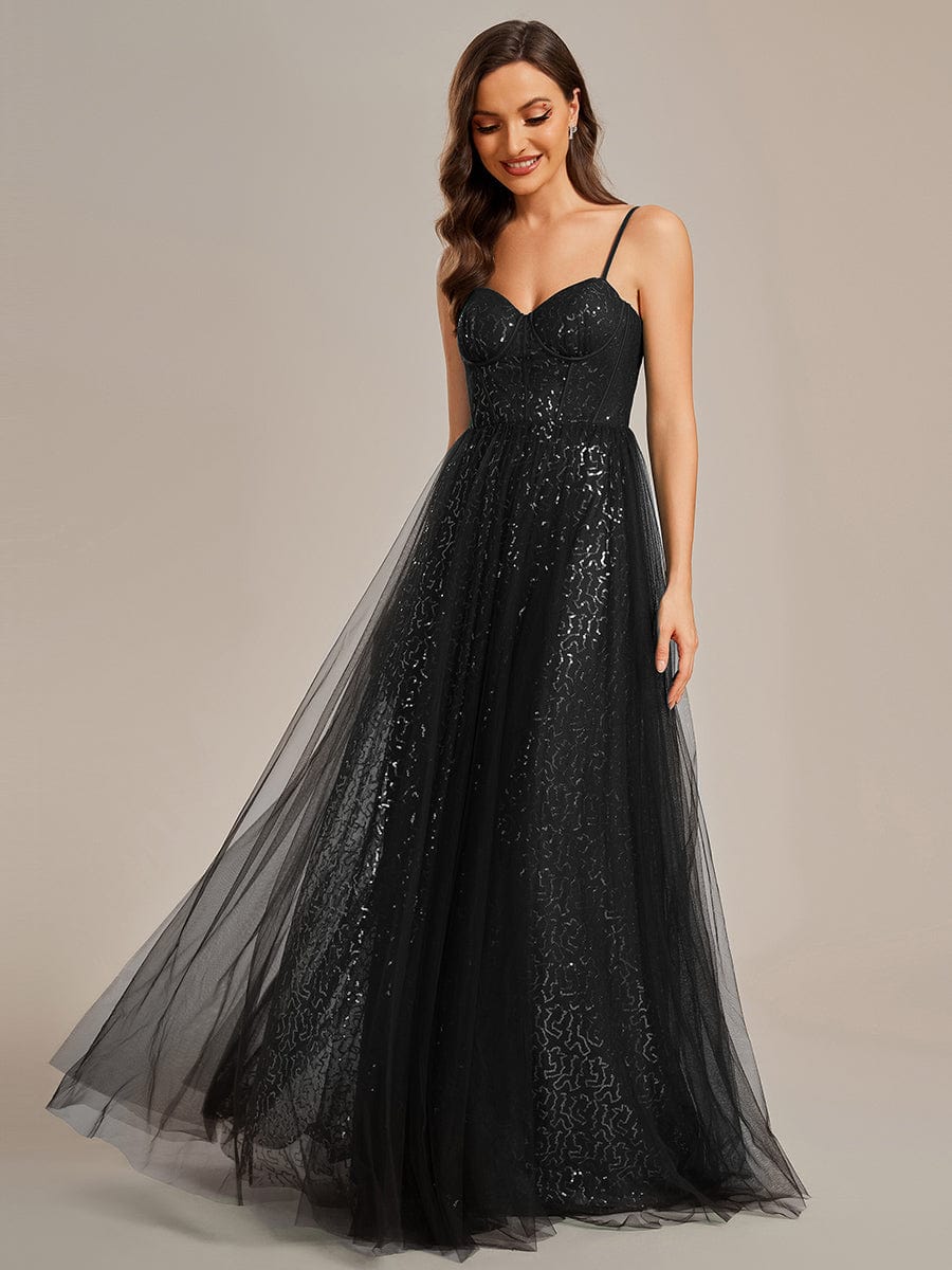 Elegant Sequin Spaghetti Strap A-Line Evening Dress