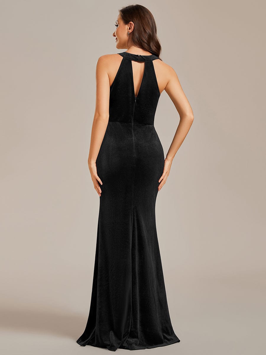 Halter Sleeveless Velvet Evening Dress with Shiny Belt