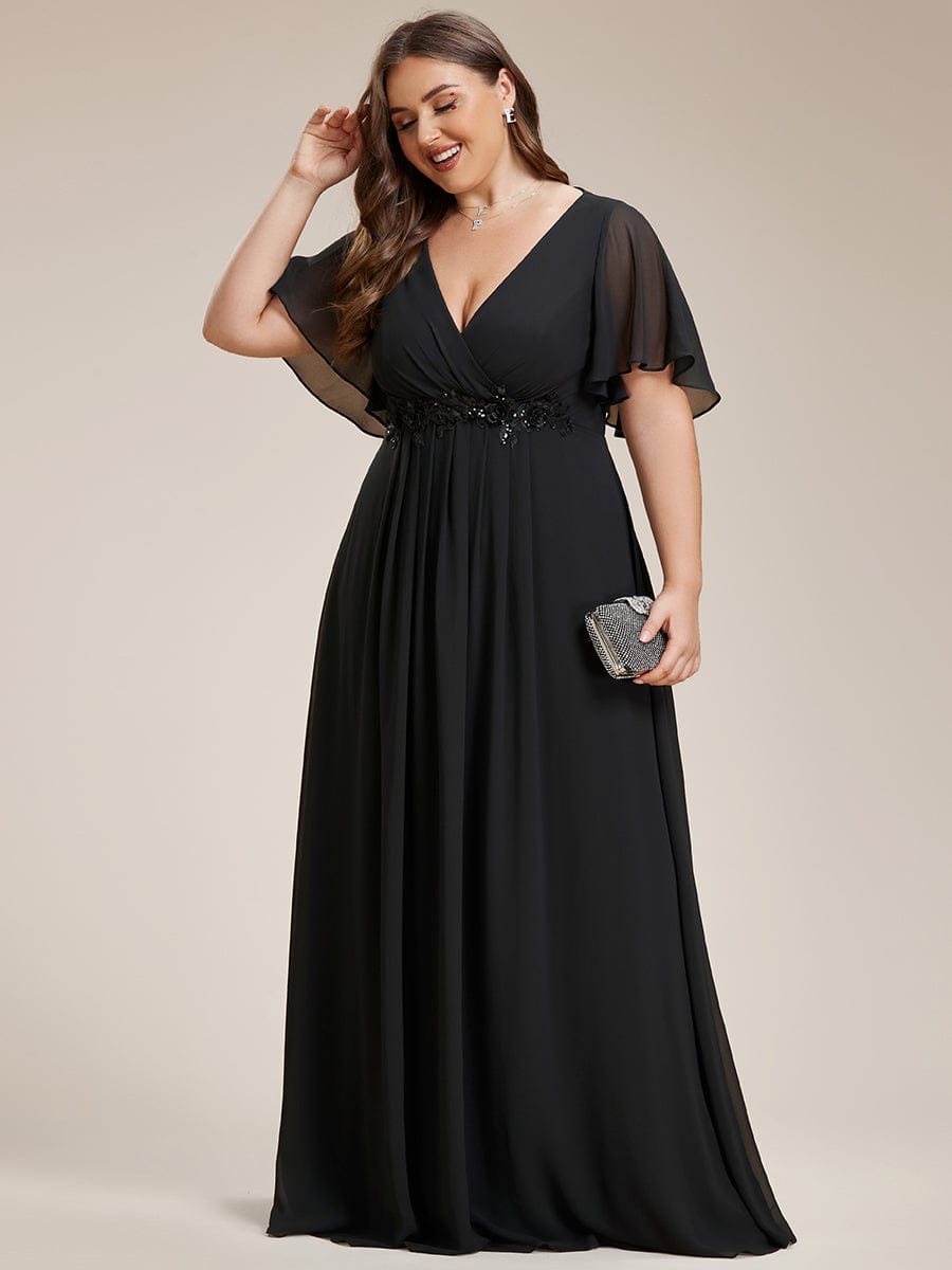 Plus Size Applique Short Sleeve A-Line Chiffon Evening Dress